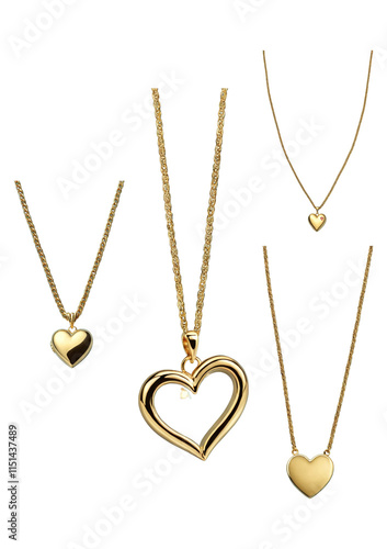Elegant gold heart-shaped necklaces on delicate chains, isolated on a transparent background. Perfect for romantic, Valentine’s Day, or jewelry-themed designs and advertisements.