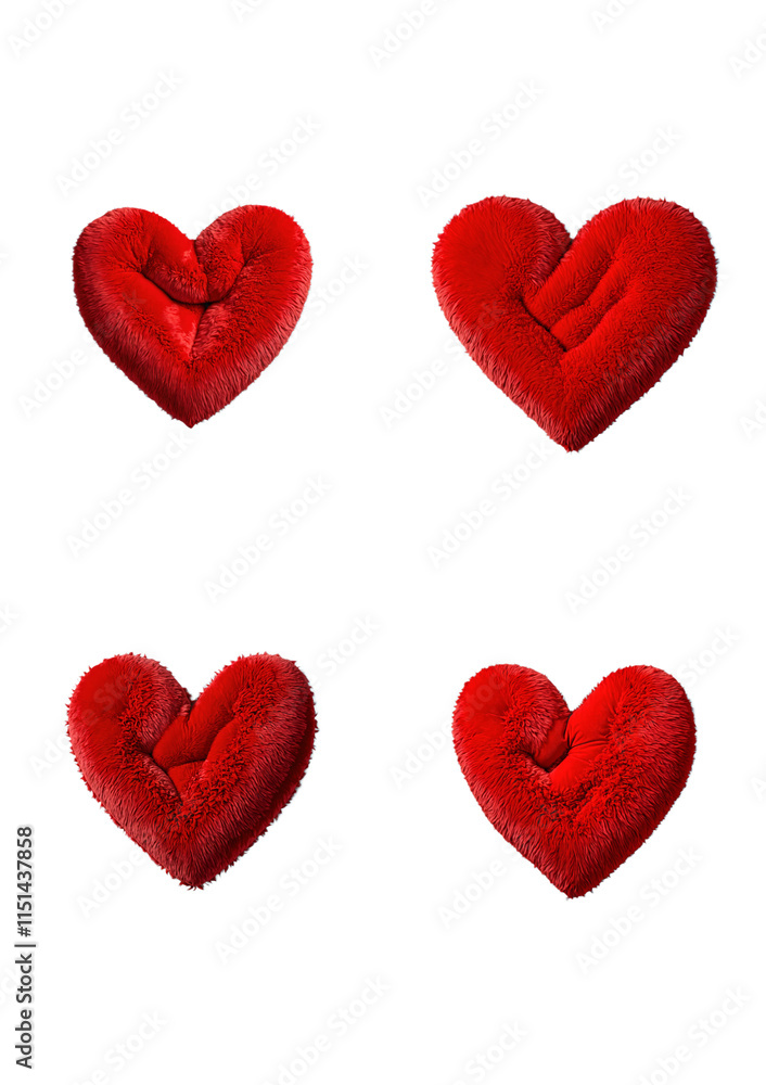 Four plush, red heart-shaped pillows with a soft, fuzzy texture. Each pillow is slightly unique in shape and design, perfect for romantic or cozy home decor. Four plush, red heart-shaped pillows with a soft, fuzzy texture. Each pillow is slightly unique in shape and design, perfect for romantic or cozy home decor.