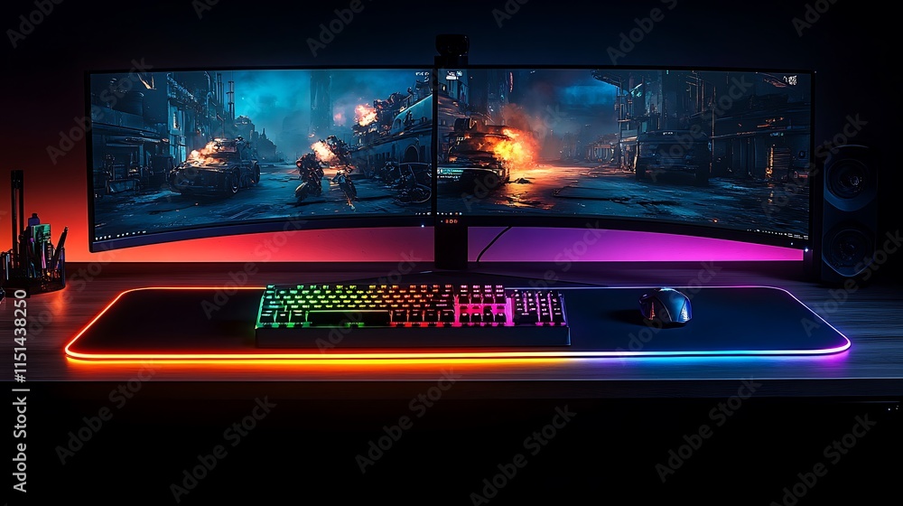 Fototapeta premium A vibrant gaming desk setup with dual curved monitors displaying an intense action game, RGB lighting illuminating the desk and room, a mechanical keyboard glowing in rainbow hues,