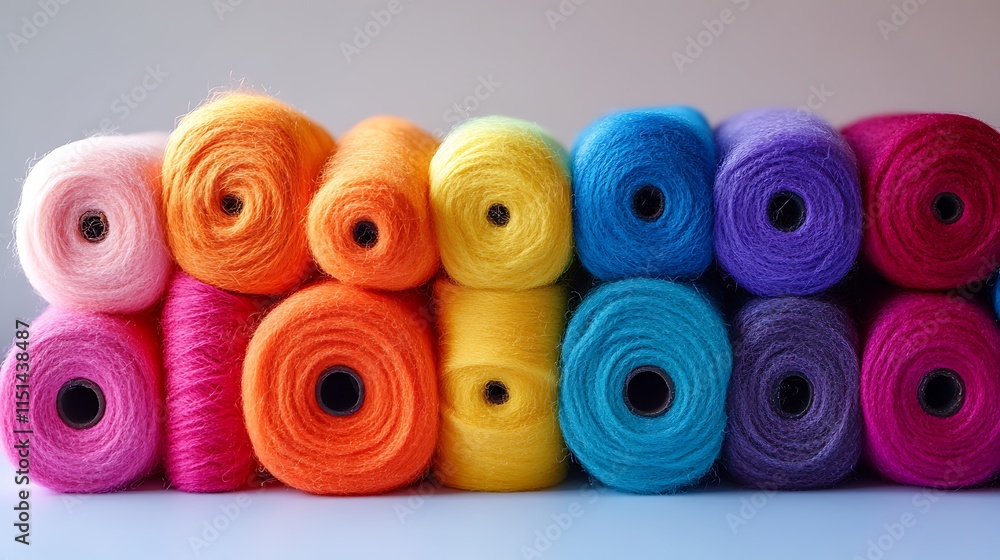 Wool rolls in a rainbow gradient, neatly stacked on a smooth white surface, bright studio lighting creating sharp contrasts and detailed textures, hd quality, clean and vibrant. --ar 16:9 Wool rolls in a rainbow gradient, neatly stacked on a smooth white surface, bright studio lighting creating sharp contrasts and detailed textures, hd quality, clean and vibrant. --ar 16:9