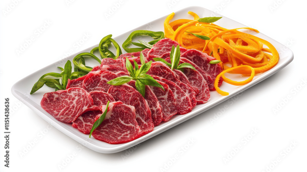 A vibrant plate of sliced beef arranged artistically, with bold and dynamic color tones like golden yellows and deep blues, accented by thinly sliced A vibrant plate of sliced beef arranged artistically, with bold and dynamic color tones like golden yellows and deep blues, accented by thinly sliced