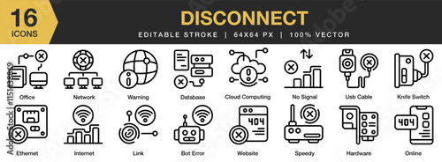 Disconnect icon set. Editable Stroke Icon Collection. Includes Bot Error, Cloud Computing, Database, Ethernet, Hardware, Internet, Knife Switch, and More. Outline icons vector collection.