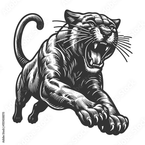 Jumping running panther, emphasizing its muscular build and agility. Tattoo design sketch engraving generative ai vector illustration. Scratch board imitation. Black and white image.