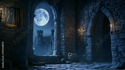 Dark stone castle interior with lit candles and moon view.