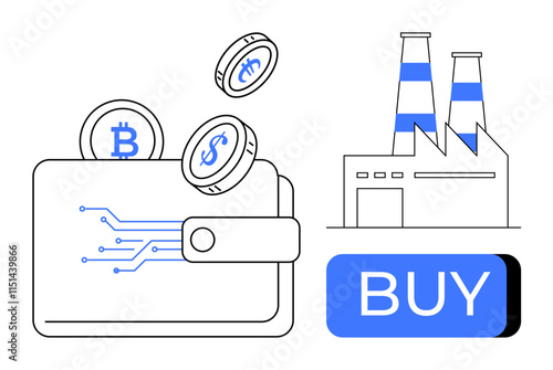 Digital wallet with Bitcoin and dollar coins beside an industrial factory and a BUY button. Ideal for cryptocurrency, digital transactions, fintech, online purchases, industrial investment