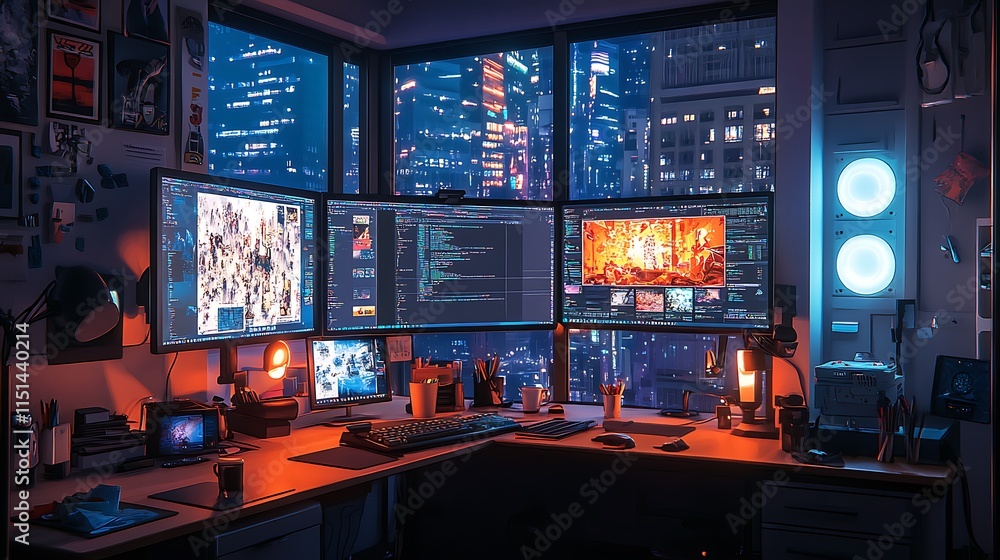 A bustling animation studio desk with multiple monitors displaying complex animation projects, a coffee cup on the side, and clean cable management with bright but focused task lighting. --ar 16:9 A bustling animation studio desk with multiple monitors displaying complex animation projects, a coffee cup on the side, and clean cable management with bright but focused task lighting. --ar 16:9