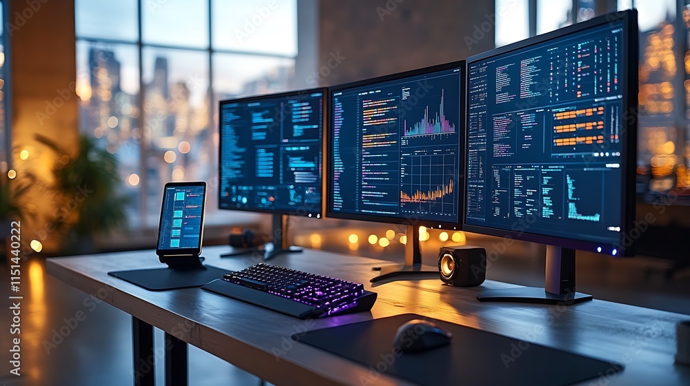 A busy desk setup featuring three monitors with vibrant screens, a tablet displaying a design interface, a smartphone docked and lit, a mechanical keyboard, and smart home gadgets, A busy desk setup featuring three monitors with vibrant screens, a tablet displaying a design interface, a smartphone docked and lit, a mechanical keyboard, and smart home gadgets,