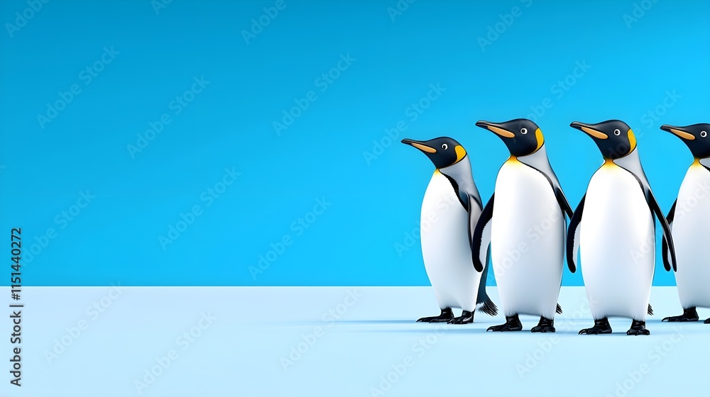 Fototapeta premium Group of Cartoon Penguins Standing Against a Blue Background