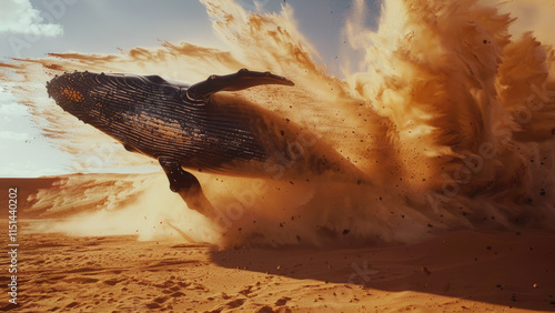 Whale emerging from sand in surreal desert landscape photo