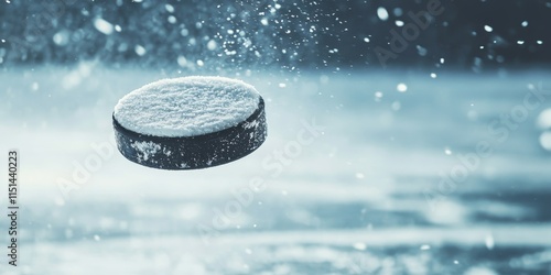 Ice hockey pucks captured mid game on ice within a stadium. A perfect dynamic shot of an ice hockey puck soaring through the air, with space for text on the right for a banner. photo