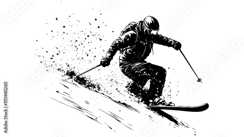 Skiing Athlete on Snowy Slope, Black and White Vector Illustration