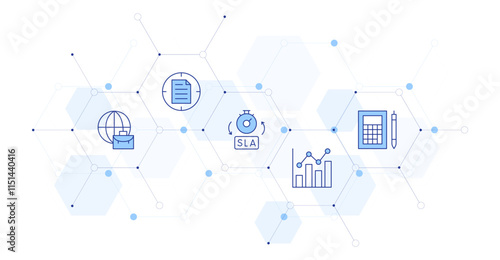 Business Banner Vector Illustration with Icon Style in Between. Line Duotone icon. Containing accountant, target, sla, bar chart, worldwide
