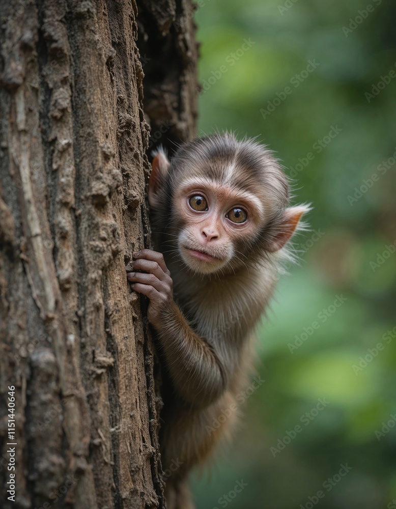 Adorable monkey peeking from behind a tree trunk in a lush forest setting.