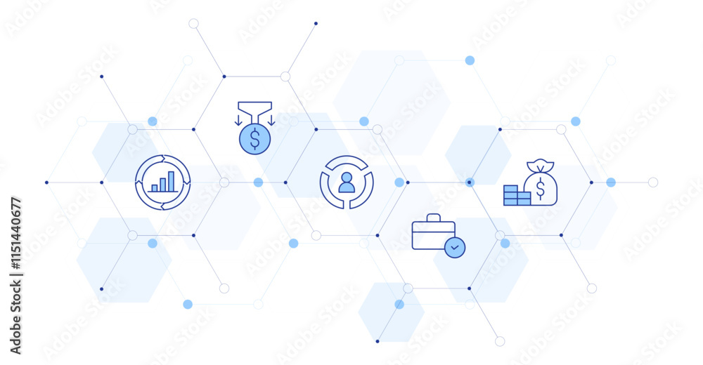 Business Banner Vector Illustration with Icon Style in Between. Line Duotone icon. Containing business, improvement, funnel, pie chart, economics Business Banner Vector Illustration with Icon Style in Between. Line Duotone icon. Containing business, improvement, funnel, pie chart, economics