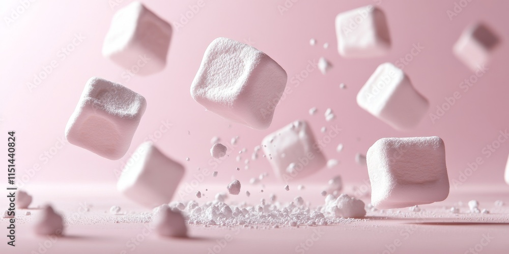 Isolated marshmallow falling against a white background, capturing the playful essence of marshmallows in motion, perfect for highlighting the light and fluffy texture of marshmallows. Isolated marshmallow falling against a white background, capturing the playful essence of marshmallows in motion, perfect for highlighting the light and fluffy texture of marshmallows.