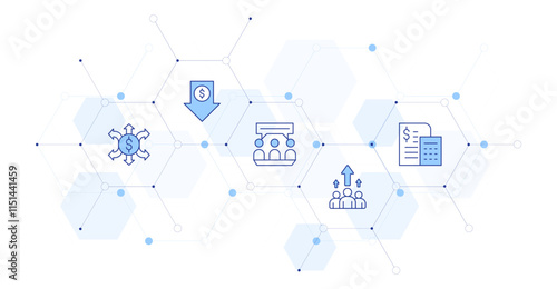 Business Banner Vector Illustration with Icon Style in Between. Line Duotone icon. Containing money flow, team, low price, calculator, business meeting