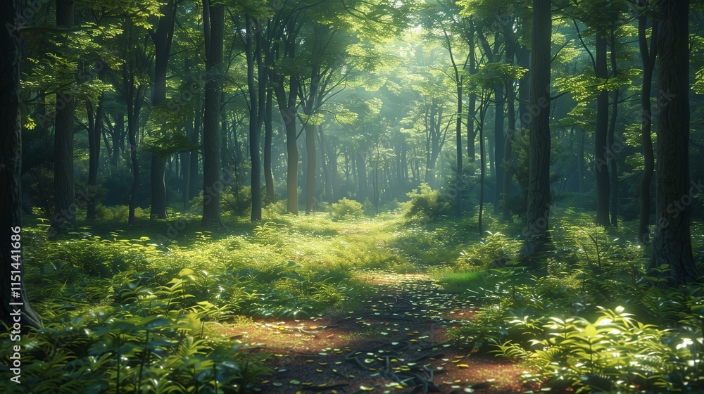 Fototapeta premium Sunlight streaming through the leaves of a dense forest, casting dappled shadows on the forest floor, captured in this vector image with HD camera quality