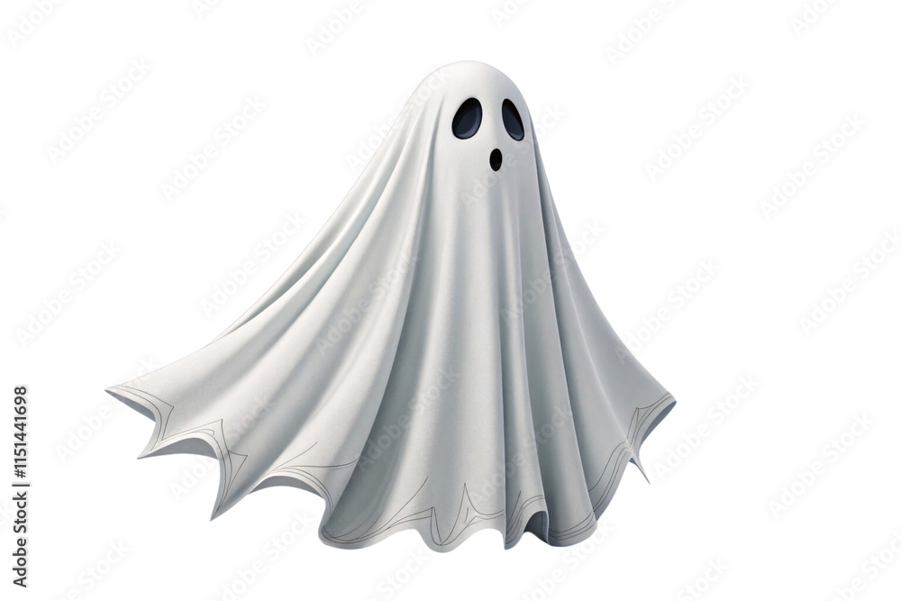 A side-angled perspective of a cartoon ghost. Fabric edges ripple, highlighting movement, with subtle shadows for a three-dimensional effect, isolated on a transparent background A side-angled perspective of a cartoon ghost. Fabric edges ripple, highlighting movement, with subtle shadows for a three-dimensional effect, isolated on a transparent background