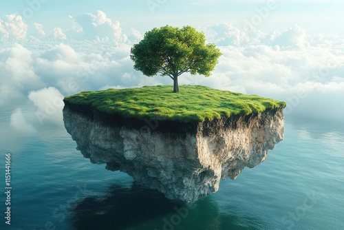 surreal floating island with lush green grass and a solitary tree, suspended in a bright blue sky, fluffy clouds adding a whimsical touch to the scene
