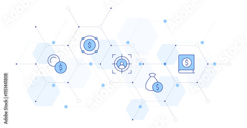 Business Banner Vector Illustration with Icon Style in Between. Line Duotone icon. Containing target, currency, money bag, bookkeeping, value chain
