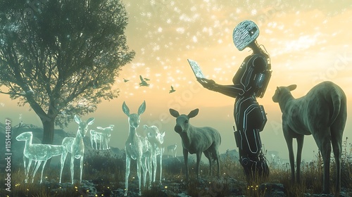 Futuristic female robot tending to a herd of glowing deer using a tablet in a serene landscape at sunset. photo