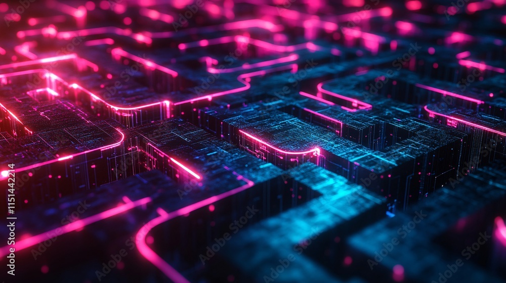 Fototapeta premium A cyberpunk-style labyrinth of neon light paths representing digital marketing strategies, enhanced by AI and deep learning models visualized as glowing neural networks connecting each node