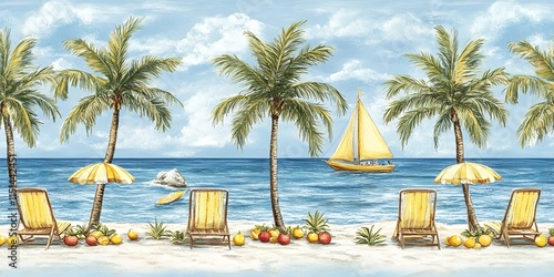 Idyllic Tropical Beach Scene Palm Trees Sailboat Beach Chairs Umbrellas Fruit