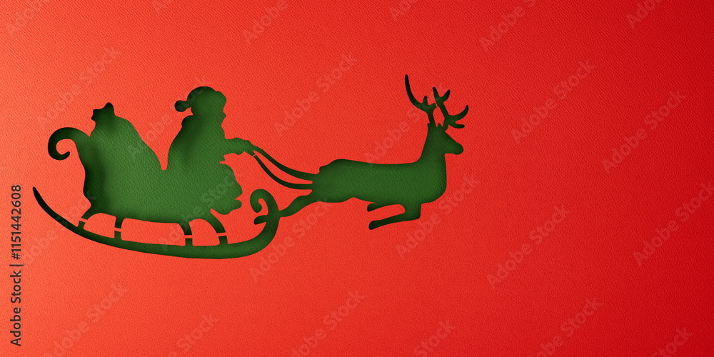 Fototapeta premium santa sleigh reindeer cutout on a vibrant red paper with green background, capturing the festive holiday spirit