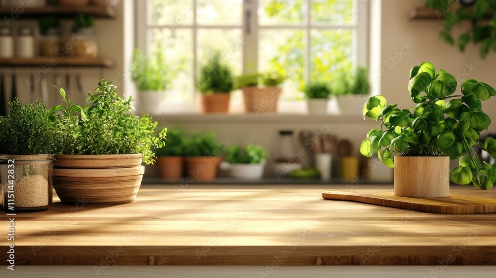 Wood table top with green plants on blur kitchen counter room background Wood table top with green plants on blur kitchen counter room background