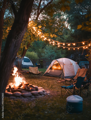 Family enjoys a cozy backyard camping setup with a campfire in the evening light