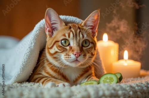 Cute Bengal cat under a towel with cucumber slices and candlelight ambiance photo