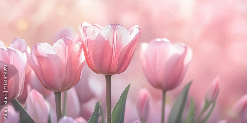 Obraz premium Delicate pink tulips are set against a beautiful pastel pink backdrop, creating a stunning visual of charming pink flowers on a soft and lovely background.