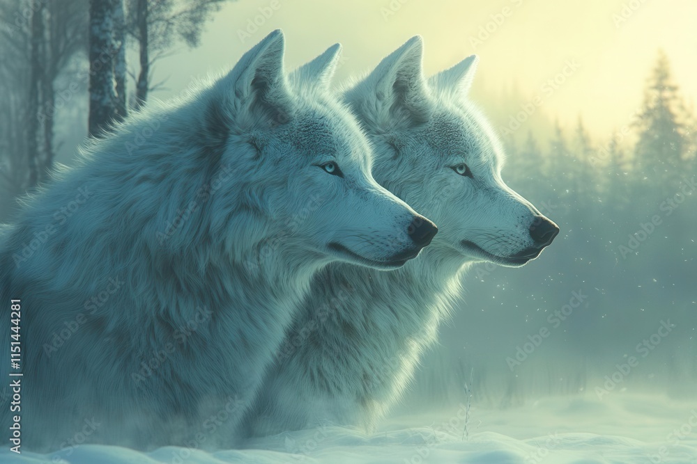 Obraz premium two majestic wolves locked in a fierce gaze, embodying strength and wildness. their coats shimmer under the moonlight, creating a dramatic contrast against a misty forest backdrop