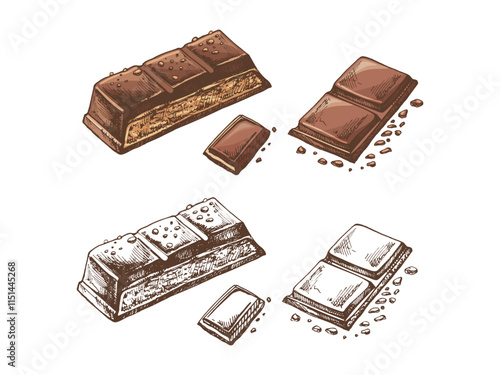 Hand-drawn chocolate bars with artistic, detailed colored and monochrome illustrations