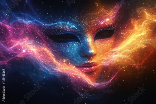 Wallpaper Mural vibrant abstract futuristic scene with multicolored carnival masks and an elegant swirling design, evoking a sense of celebration and entertainment with ample space for text Torontodigital.ca