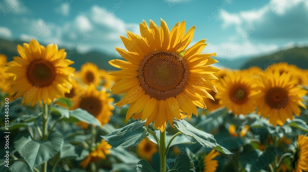 Fototapeta premium Vibrant sunflowers swaying in the summer breeze against a clear blue sky, capturing the essence of nature's summer charm