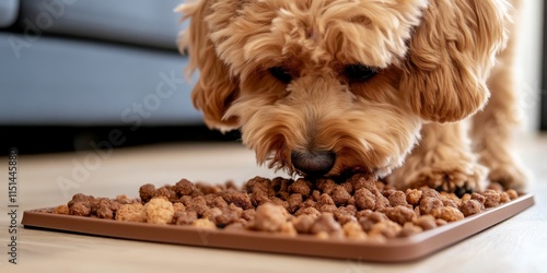 Brown doodle dog engaging in food enrichment by eating from a snuffle mat. This activity promotes mental exercise and intellectual brain development, preventing boredom during training sessions. photo