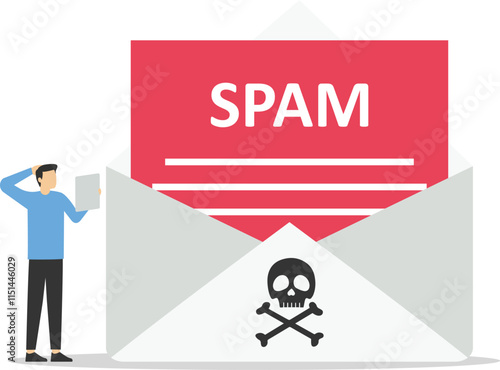Businessman looking on malware from email. Hack, steal password or personal data. Hacker, virus, trojan, adware, spyware and ransomware awareness. Flat vector illustration

