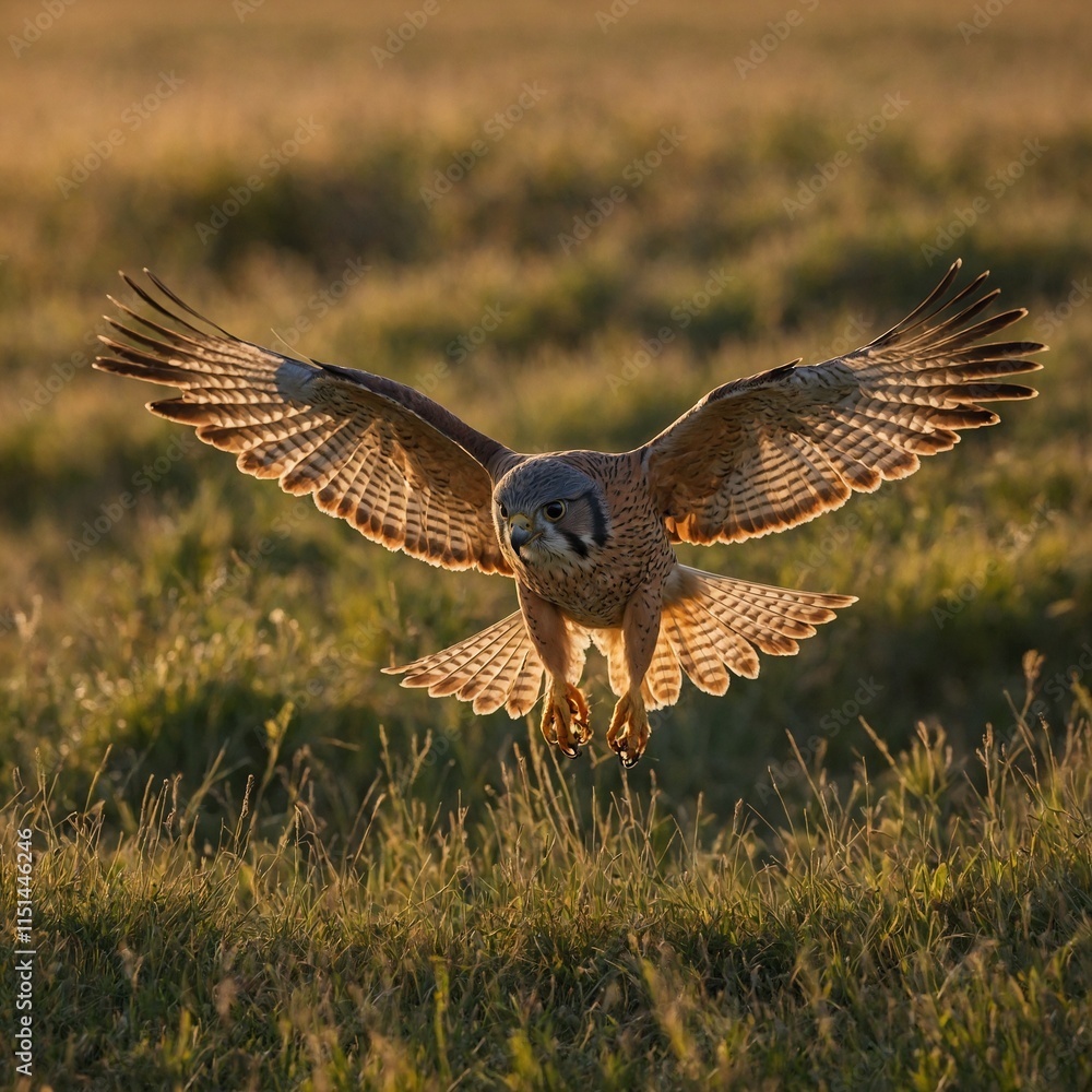 Fototapeta premium A kestrel hovering over a vast meadow in the golden hour.