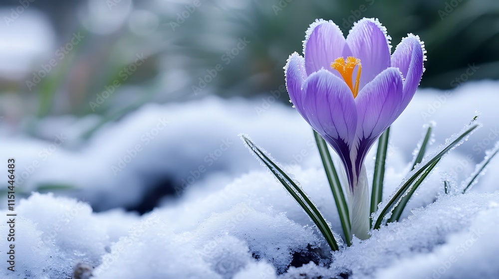 A stunning close-up of a frost-covered violet crocus opening amidst a snowy garden. A stunning close-up of a frost-covered violet crocus opening amidst a snowy garden.