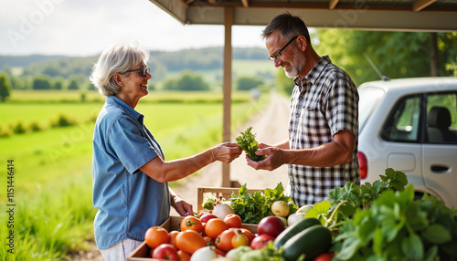 Older adults gardening together happy aging couple Senior woman buying fresh vegetables at a farm stand