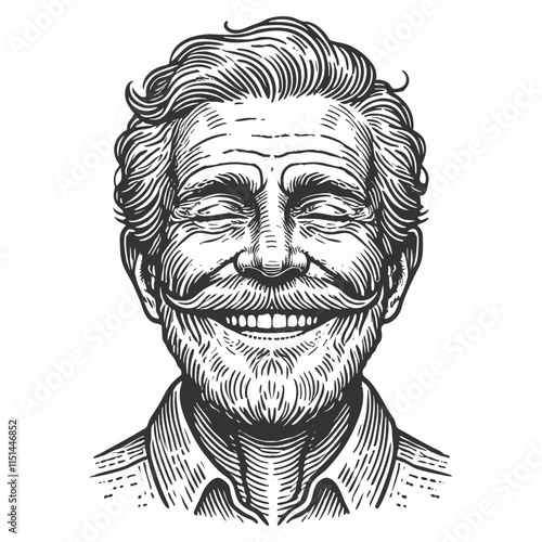 elderly man with a full beard, expressive smile, and textured hair, drawn in vintage style sketch engraving generative ai vector illustration. Scratch board imitation. Black and white image.