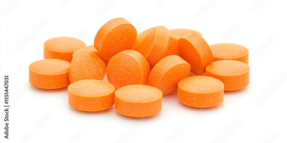 Image of an orange soluble tablet or pills set against a white background. These soluble tablets dissolve in water and are commonly associated with vitamins, supplements, or medicines. Image of an orange soluble tablet or pills set against a white background. These soluble tablets dissolve in water and are commonly associated with vitamins, supplements, or medicines.
