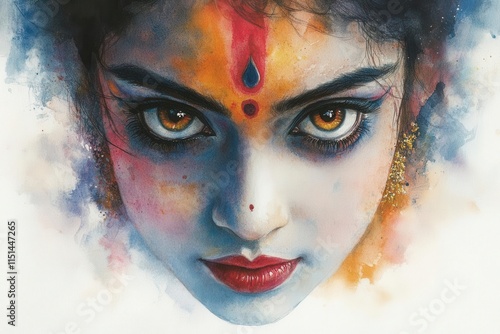 vibrant watercolor illustration of durga, showcasing her fierce yet graceful visage, with vivid colors swirling around her, embodying the essence of strength and divinity during durga puja photo