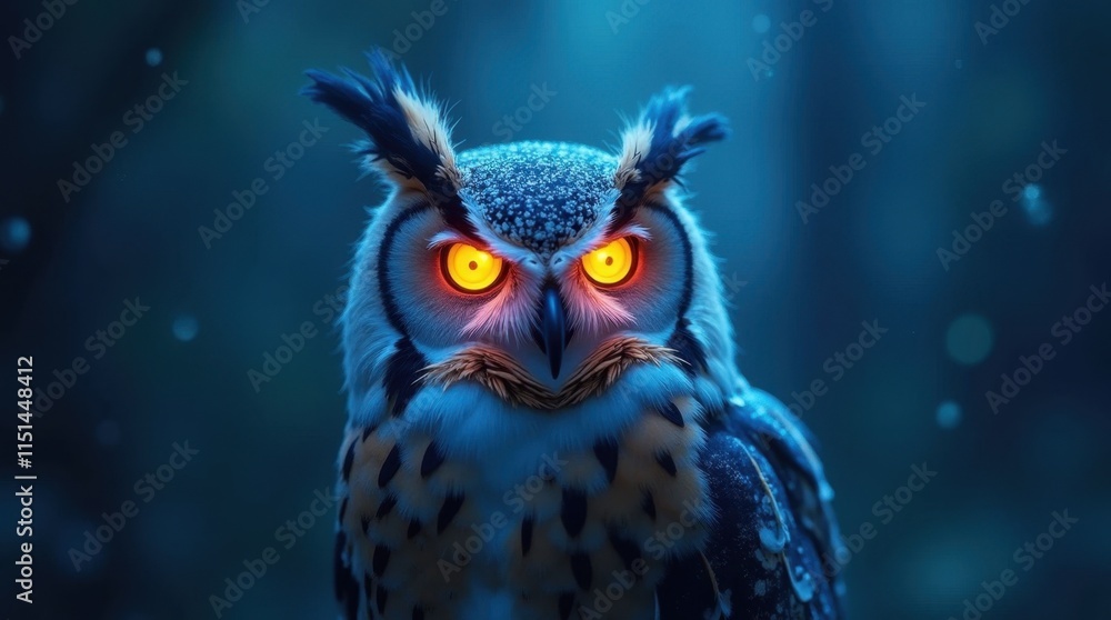Mystical Owl with Glowing Blue Eyes and Dotted Background Mystical Owl with Glowing Blue Eyes and Dotted Background