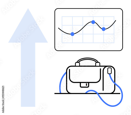 Upward arrow, line graph with points on screen, and briefcase with blue wiring. Ideal for business presentations, growth strategy, career advancement, financial success, corporate training