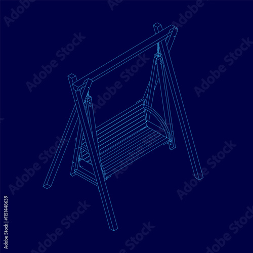 wooden classic outdoor hanging patio porch swing bench furniture with ropes isolated on blue background. 3d. vector illustration. Isometric view
