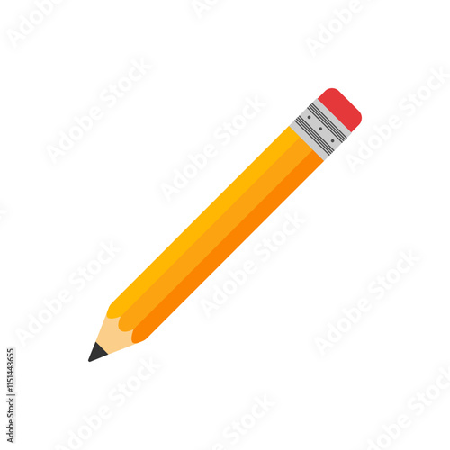 Pencil Vector Icon. Yellow Pencil with red eraser. Pencil is in a diagonal position