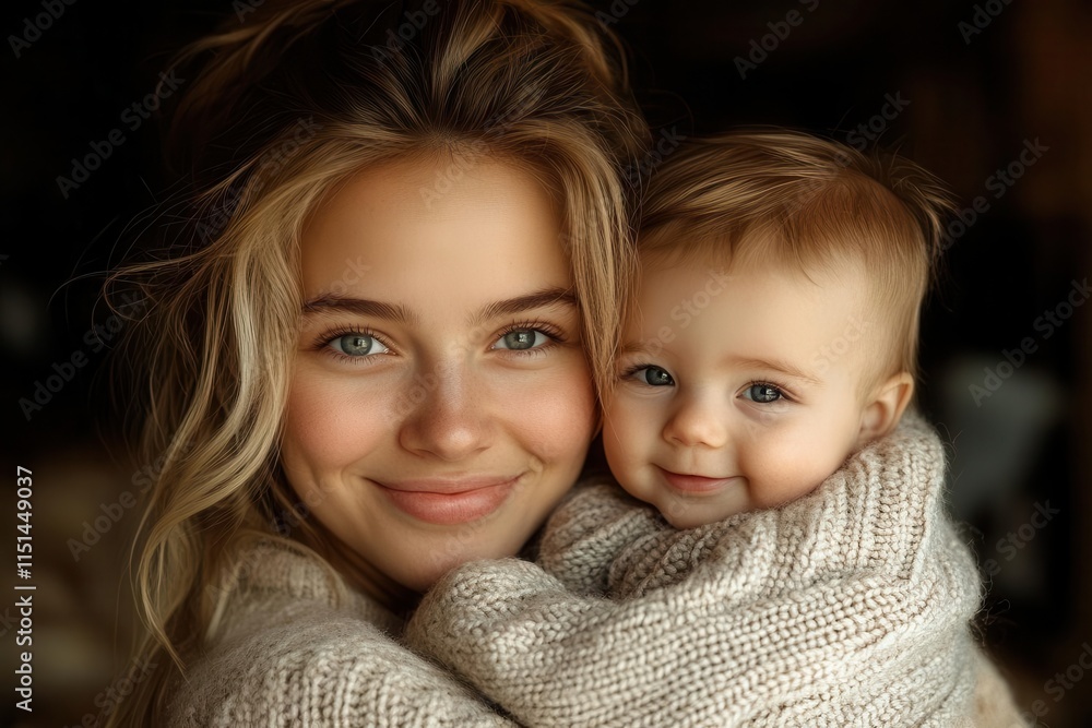 warm scene capturing a mother joyfully holding her smiling baby in a cozy sweater, exchanging smiles that embody love and warmth in family moments warm scene capturing a mother joyfully holding her smiling baby in a cozy sweater, exchanging smiles that embody love and warmth in family moments