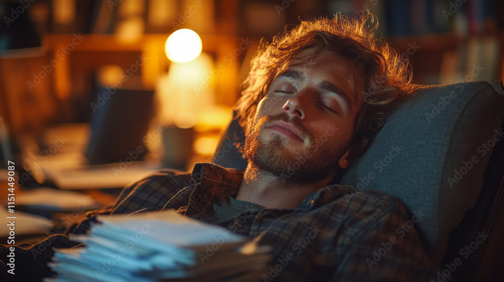 A tired employee leaning back in an office chair, eyes closed, with a stack of unfinished paperwork on the desk, A tired employee leaning back in an office chair, eyes closed, with a stack of unfinished paperwork on the desk,